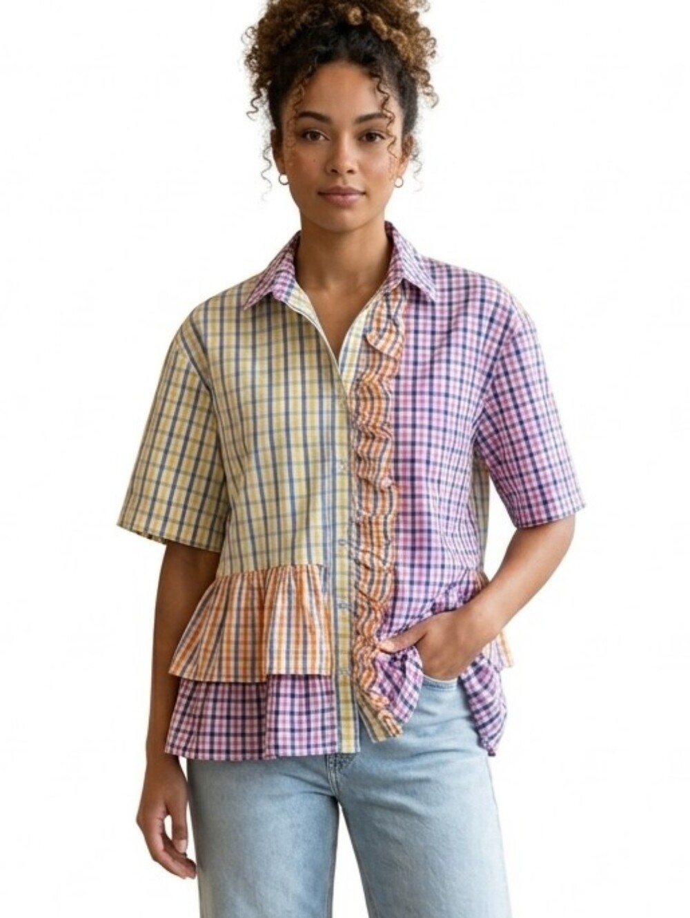 Rosé a Pois Made in Italy Patchwork Gingham Ruffle Short Sleeve Top